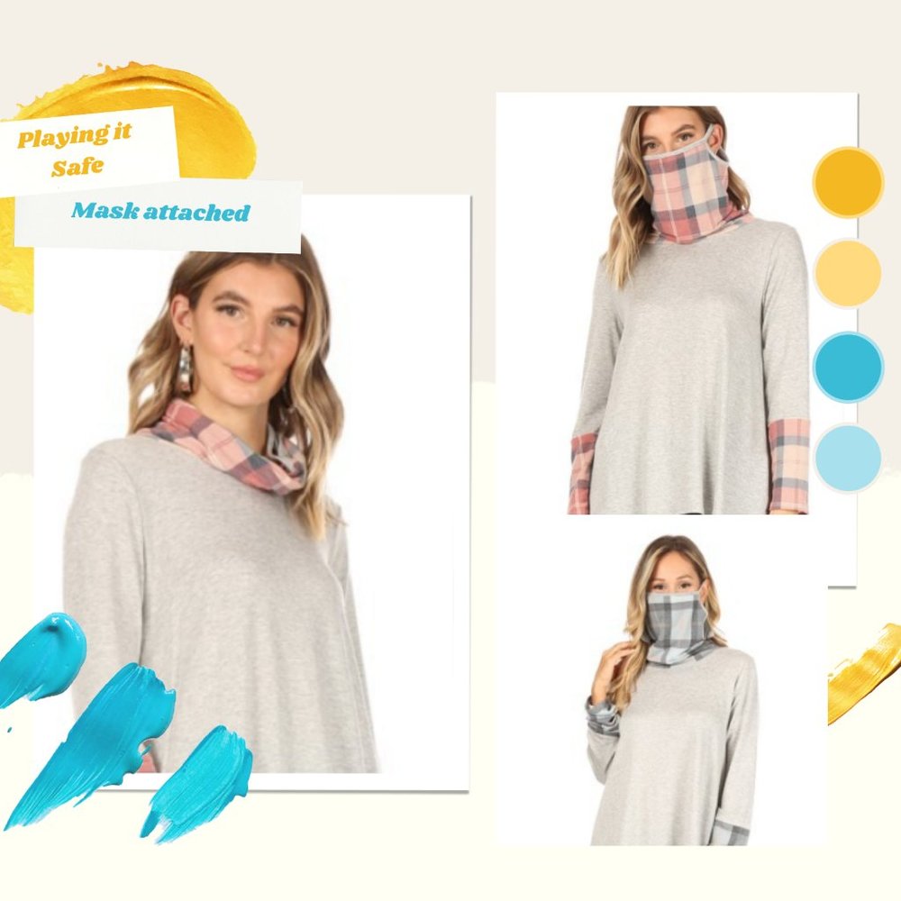 Plaid And Solid Top With Attached Face Covering - image 1